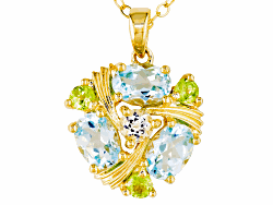 2.35ctw blue and white topaz oval and round, with .30ctw peridot round pendant with chain, 18k yellow gold over sterling. This pendant measures 7/8 of an inch in drop length and 5/8 of an inch in width and has an 18 inch cable chain with a spring ring clasp.